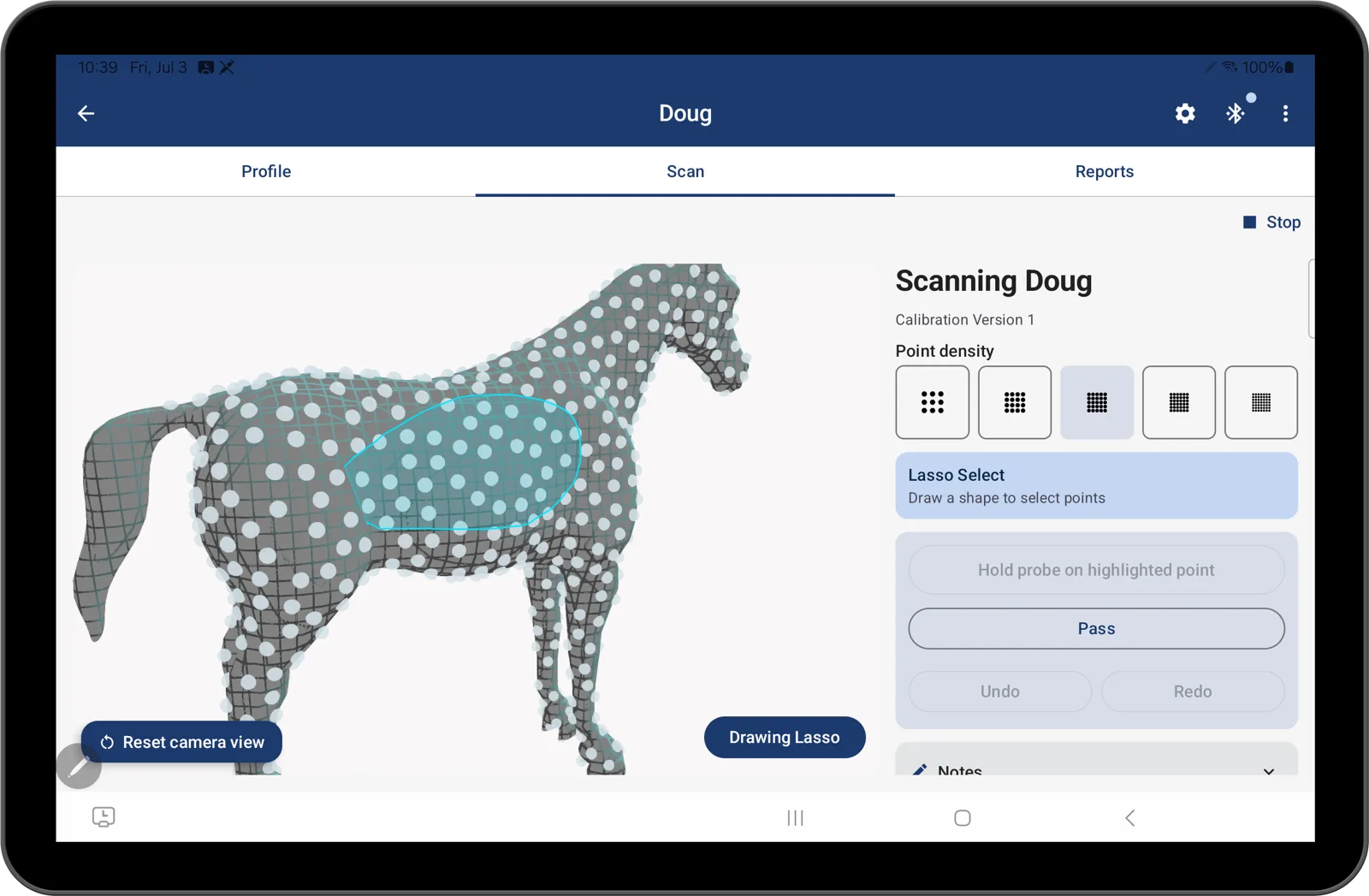 EquiMap tablet app showing a horse body map with scan points