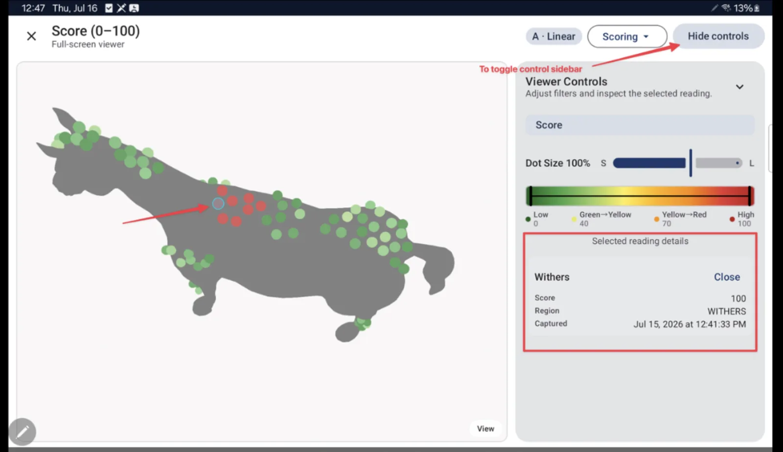 EquiMap scan results with injury shown in red